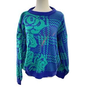 Vintage 80s A'Milano Blue Green Floral Geometric Acrylic Sweater Women's Medium